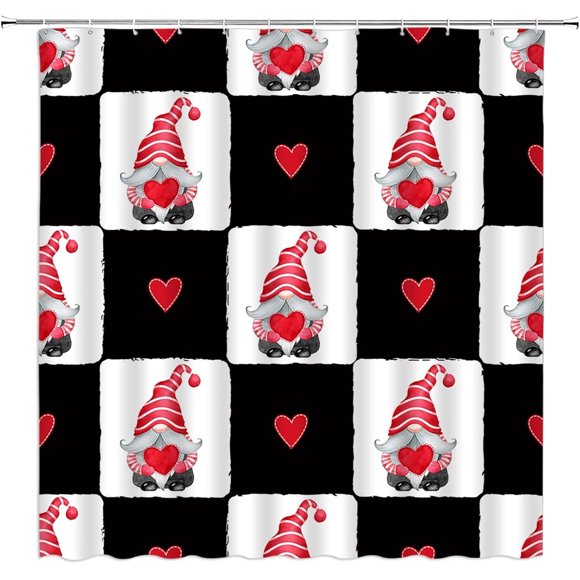 Rideau de Douche de la Saint-Valentin gnomes Cœur d'Amour Carreaux Noir et Blanc Doux Romantique Couple Salle de Bain Rideaux en Polyester avec Crochets