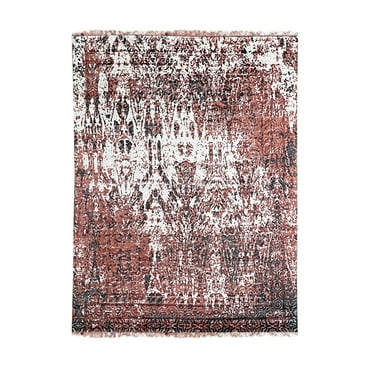 EORC Ivory / Red Hand Knotted Wool Transitional Modern Rug, 7' x 9'