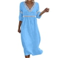 thumbnail image 2 of Ayolanni Solid Fall Dresses for Women 3/4 Sleeve V-Neck A-Line Maxi Dress Flowy Weekend Cotton Casual Long Dress Blue S, 2 of 7