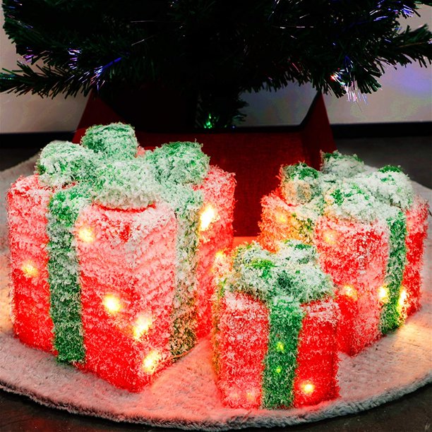 Twinkle Star Set of 3 Christmas Lighted Gift Boxes Covered with Snow
