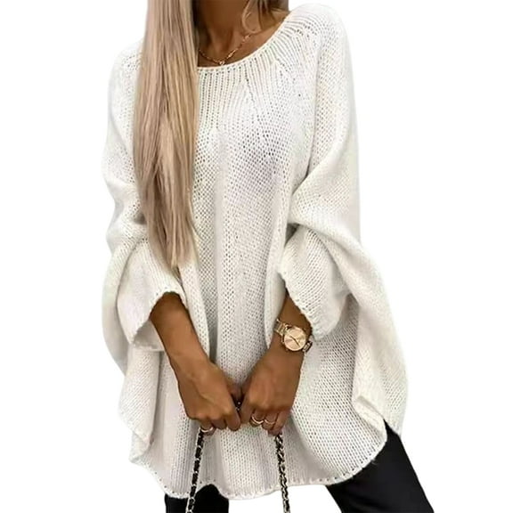 Women'S Elegant Knitted Cape Sweater Crew Neck Long Sleeve Baggy Tops Fashion Knitted Shawl Sweater White XL