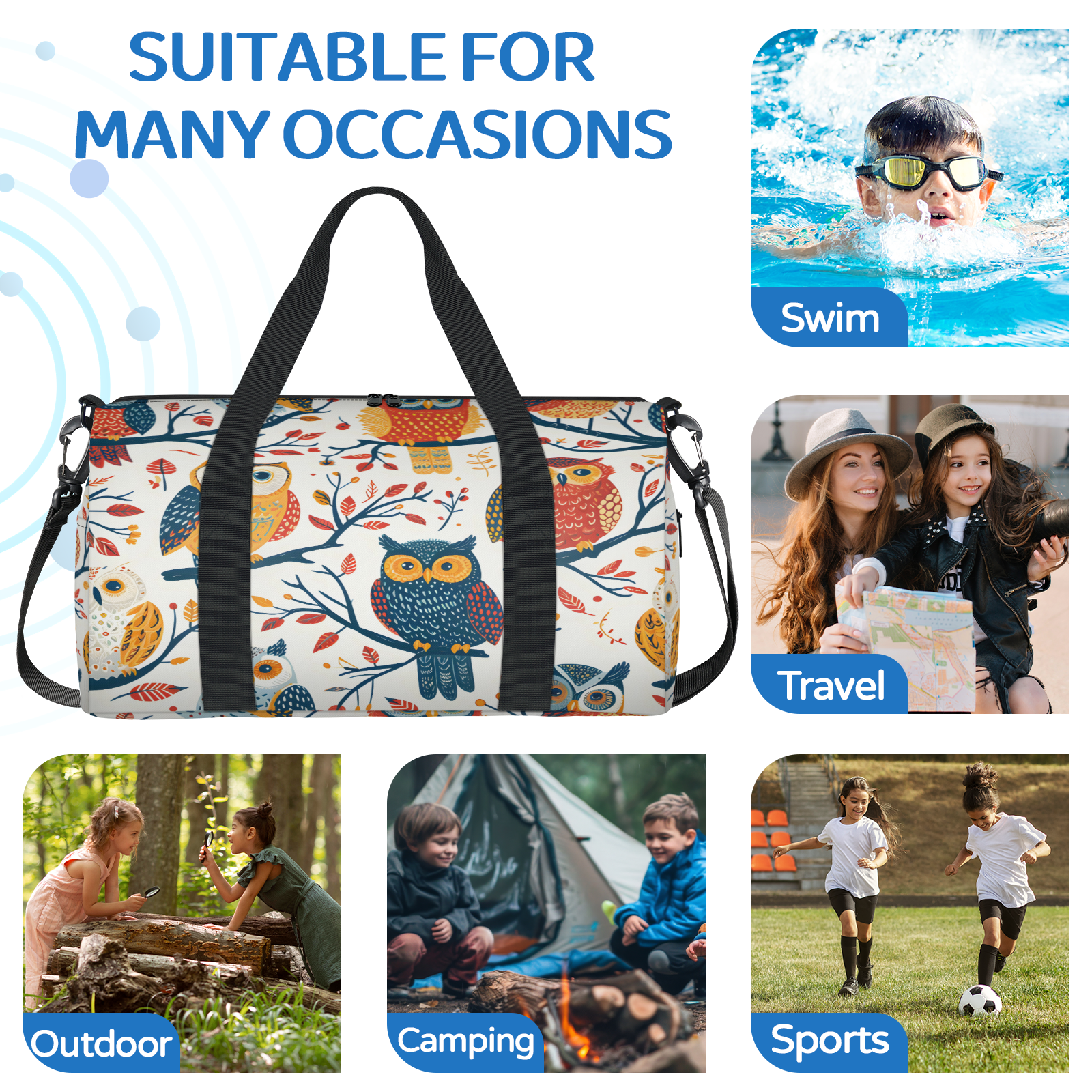 Herdesigns Cute Owl Birds Gym Bag for Women, Duffle Bag for Travel Sport, Lightweight Waterproof Carry on Weekender Overnight Dance Yoga Workout Bags