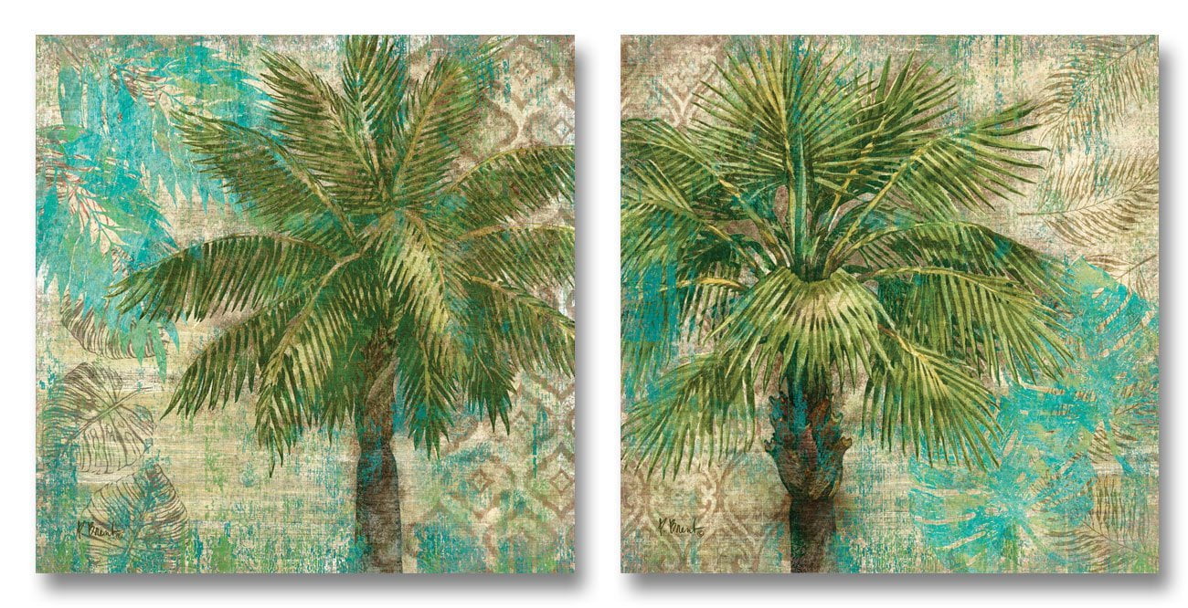 Tropical Palm Trees with a Soft Ikat Aqua Background; Two Tropical ...
