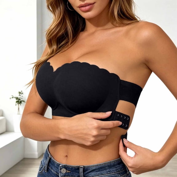 Women's Strapless Side Closure Bustier Bra Seamless Lightweight Comfortable Bandeau Push Up TopBlackM