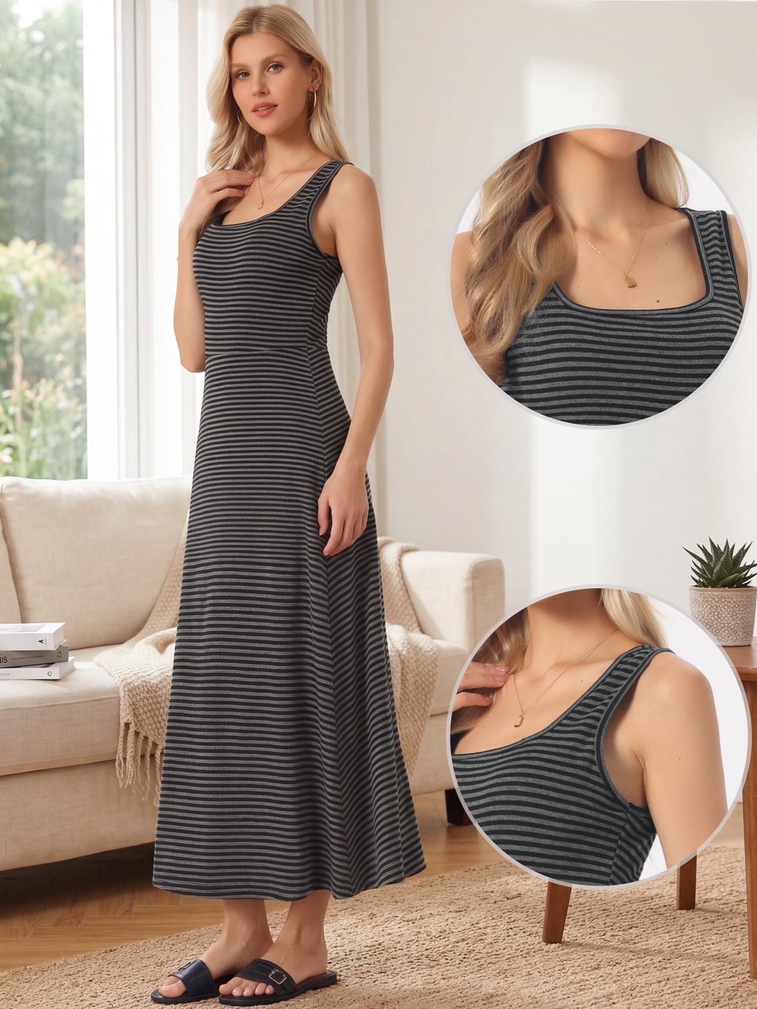 DARING DIVA Women's Striped Midi Summer Ribbed Casual Sleeveless Tank Dresses L Gray