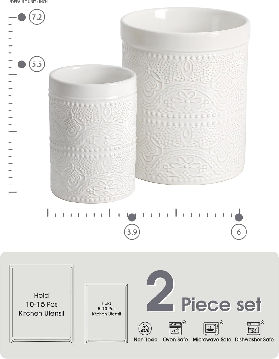 FUN ELEMENTS Kitchen Utensil Holder, 7.2+5.5" Super Large Utensil Crock Heavy and Stable Lace Emboss Ceramic Utensil Holder for Kitchen Counter(2Pcs Bright White)