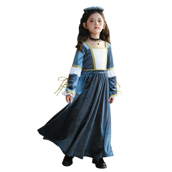 Odeerbi Kids Girls Halloween Dresses Role Play Stage Performance Dress Outfits New Pattern Long Sleeve Velvet Court Style Dress Gray