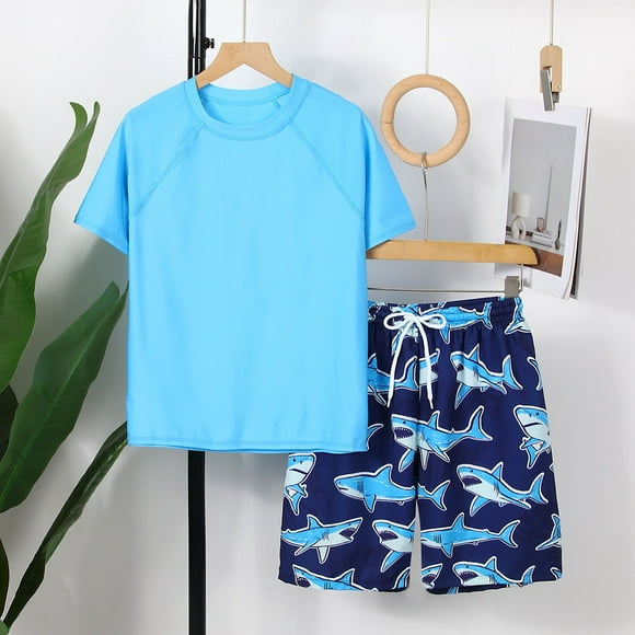 Maillot De Bain Garcon Toddler Kids Boys Shark Print Swim Set Short Sleeve Quick Dry Rash Guard and Board Shorts with Upf50+ Sun Protection Infant Swimsuit Blue 13 Years-14 Years