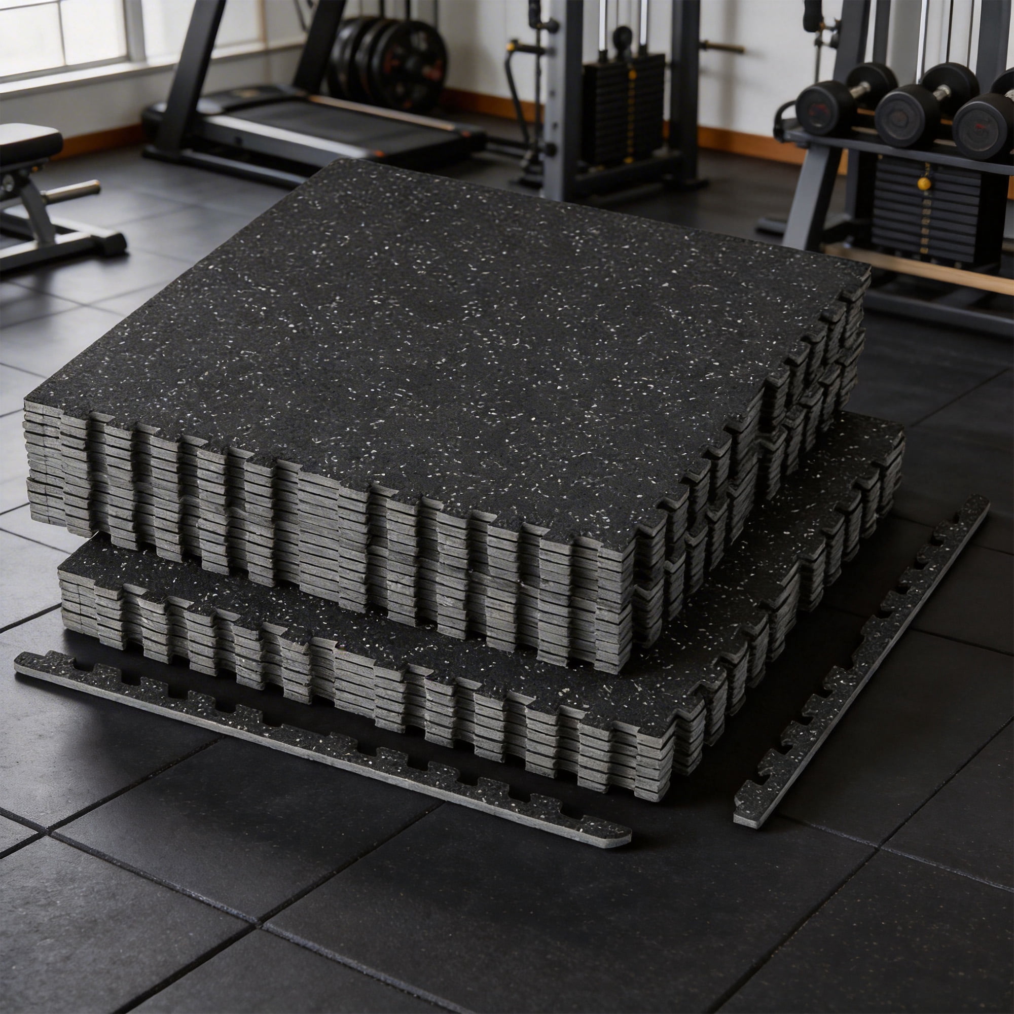 MAROUTE High-Density Shock-Absorbing Exercise Mat - interlinked EVA Foam Tiles - Non-Slip Protective Gym Flooring - 0.75in Thick, 12 Tiles, 48 sq.ft - Ideal for Home or Fitness Studio - Black & White