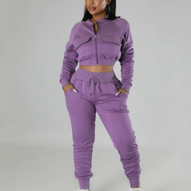 YWDJ Two Piece Outfits for Women Summer Pants Set 's Casual Fashion Solid  Color Workwear Jacket Short Top Leggings Pants Commuting Two-piece Set  Purple M 