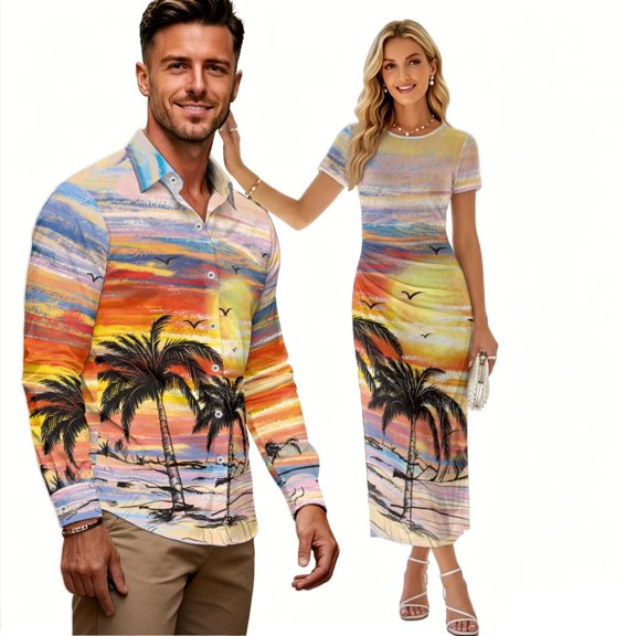 Chririnla Orange Sunset Beach Palm Couple Hawaii Luau Party Outfit Trendy Vacation Clothes for His or Her Bodycon Ruched Long Dresses or Button Down Shirts for Men Husband Wife Match Set