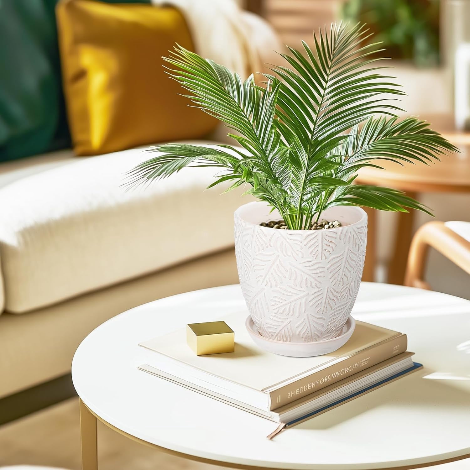 BUYMAX ceramic plant pots, 6 inch plant pots with drainage hole and saucer, indoor/outdoor flower pots, set of 2, leaf embossed - white glaze