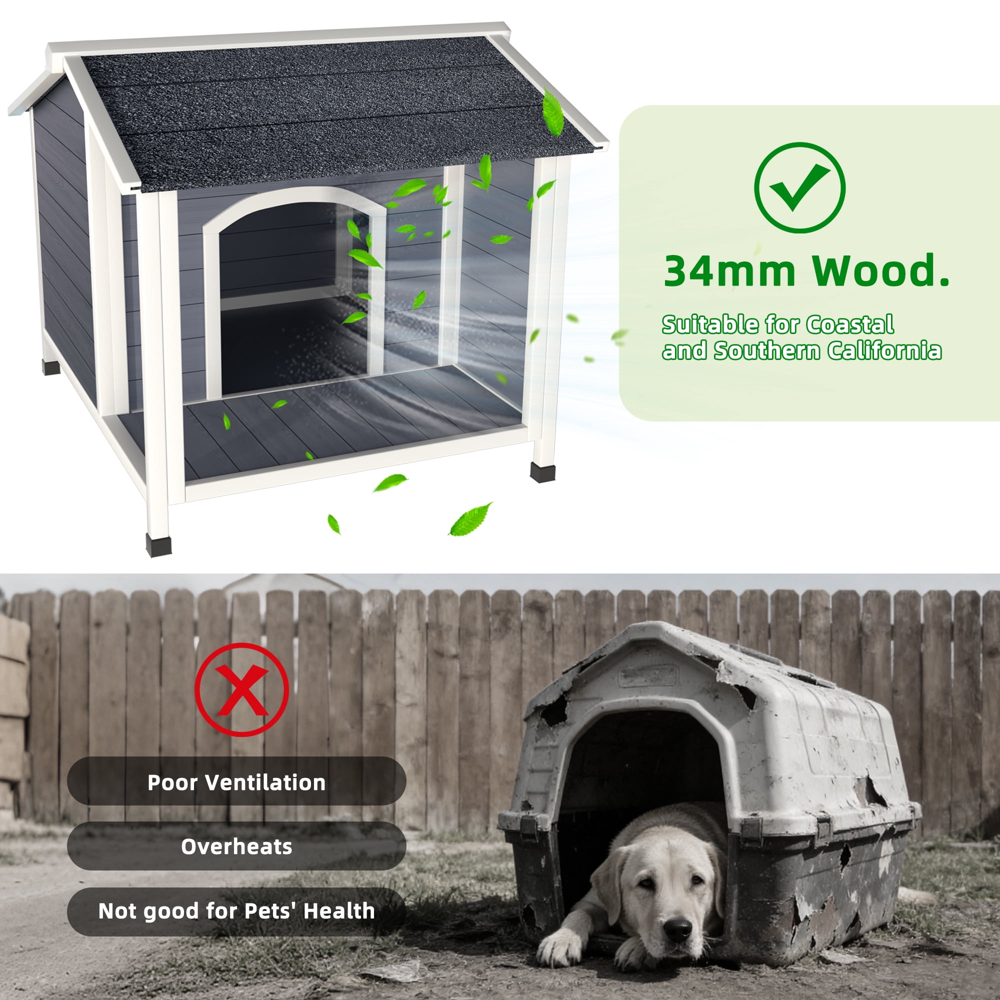 Outdoor Dog House, Weatherproof Wooden Dog Shelter with Asphalt Roof, Raised Floor Design, Easy Assembly, for Small to Medium Dogs