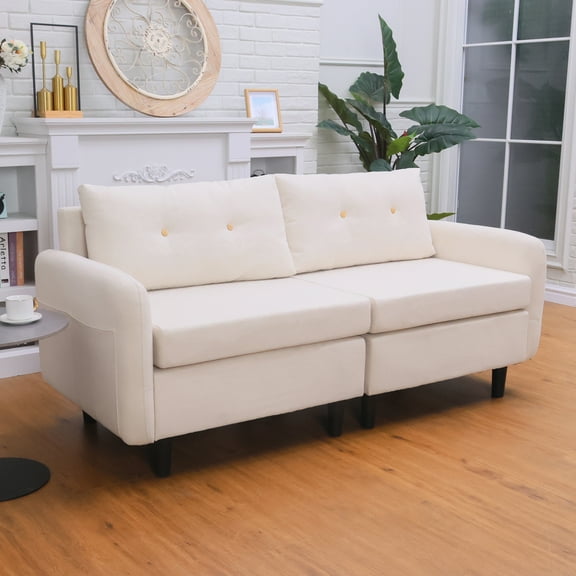 Walsport 70.86" Faux Leather Sectional Sofa,Upholstered Arm Loveseat Living Room Sofa with Storage Pockets(Off White)