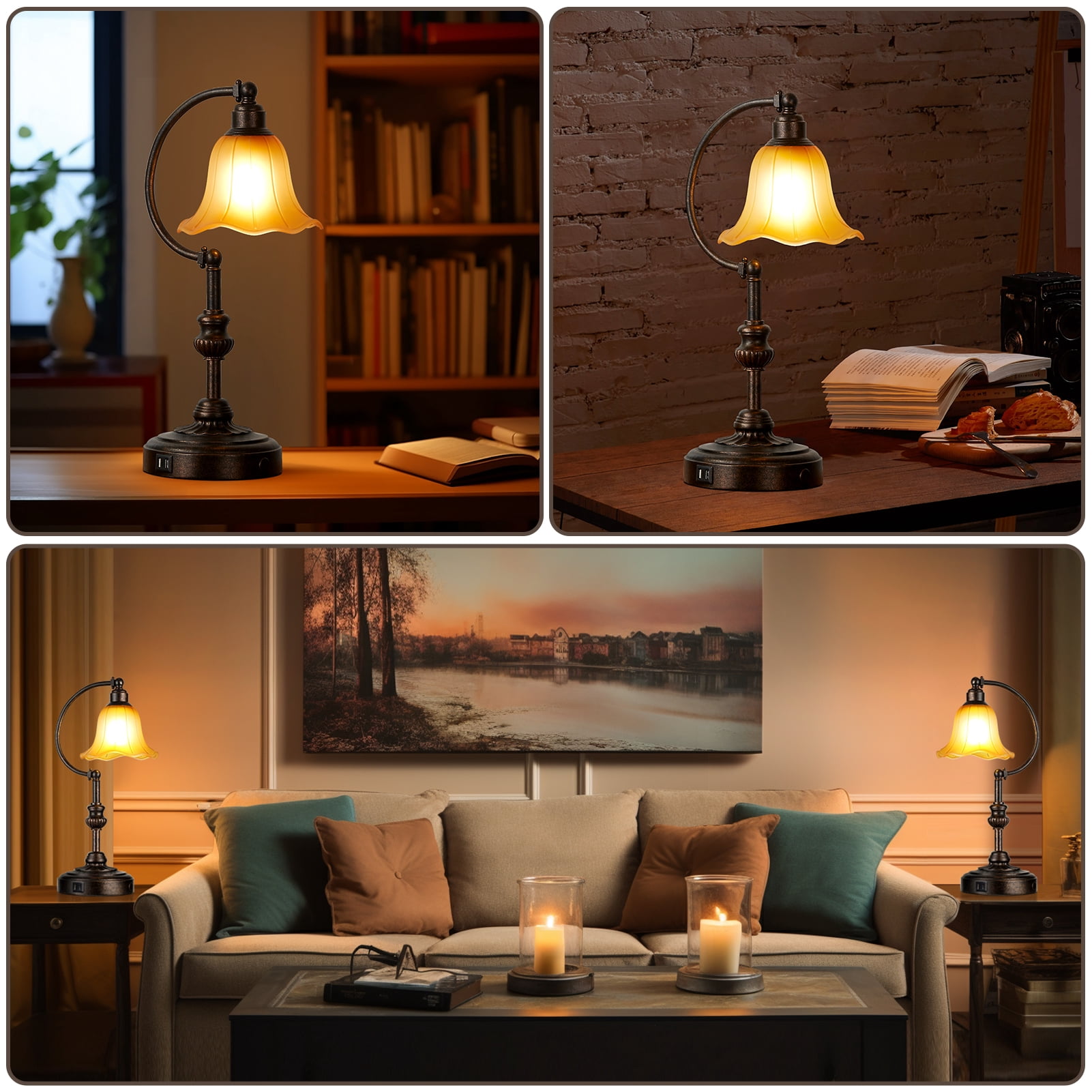 RORIA Rustic Farmhouse USB A+C Charging Port Touch Table Lamps, 3-Stage Dimmable Bedside Lamp 20", Amber Vintage Glass Lampshade for Living Room Bedroom Nightstand