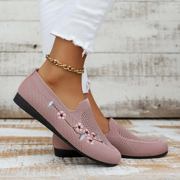 Itsun Womens Dress Shoes Womens Solid Color Flats Shoes Lightweight Flowers Embroidery Soft Sneakers Casual Shoe Pink