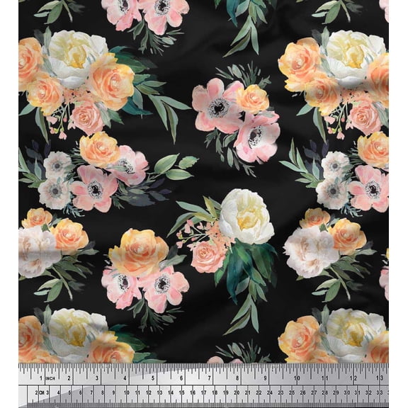 Soimoi Black Cotton Duck Fabric Anemone & Begonia Floral Print Sewing Fabric Yard 42 Inch Wide