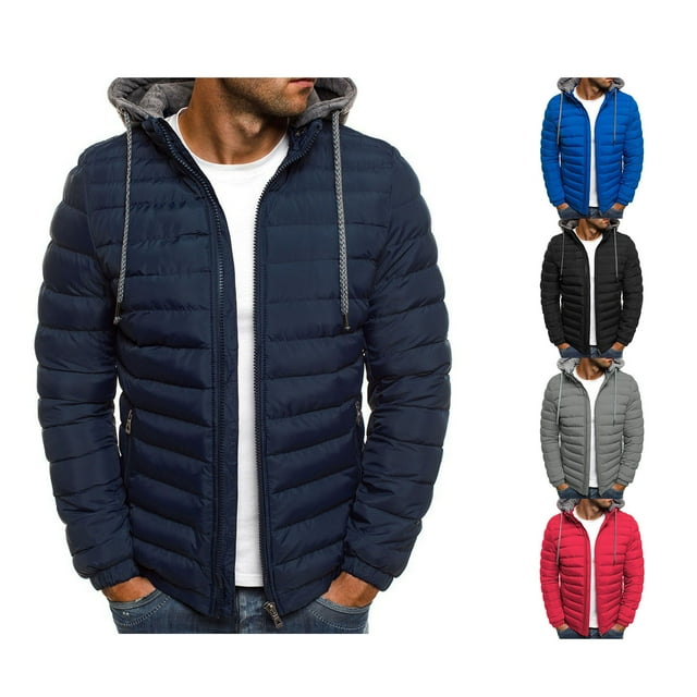 Men's Hooded Down Jacket Long Sleeve Zip-Up Lightweight Warm Winter Puffer Coat with Pockets