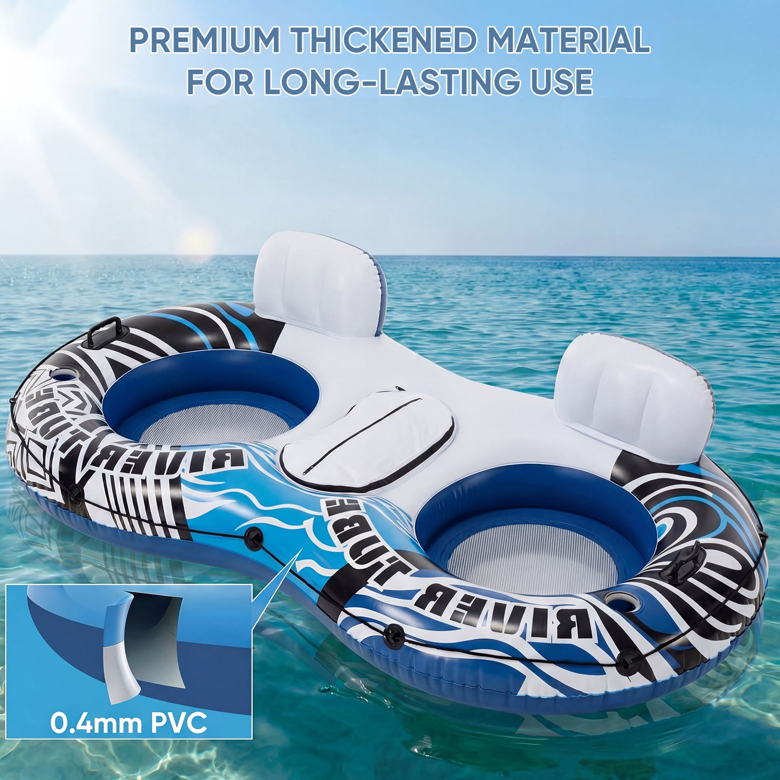 CONCETTA 2 Person Inflatable River Tube Float with Cooler & Enhanced Backrest, Quick Inflate Pool Lake Raft Lounger, Blue & White