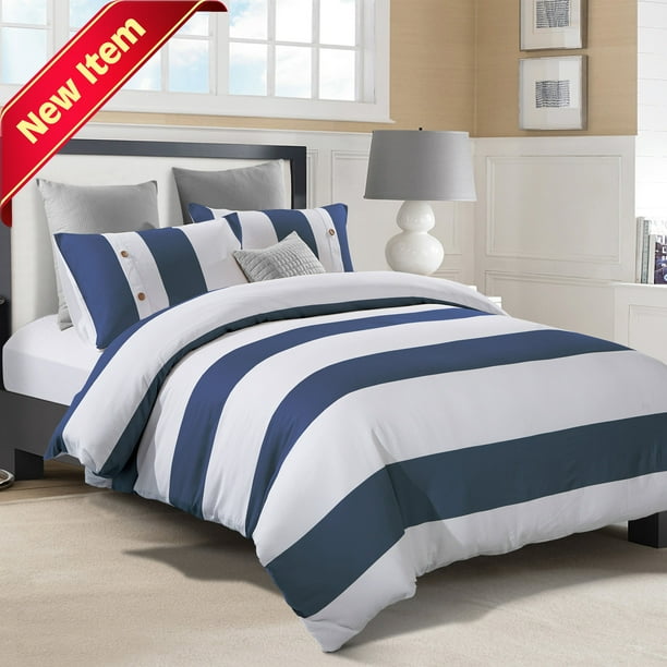 Addison 100 Cotton Nautical Navy Blue and White Stripe Duvet Cover Set