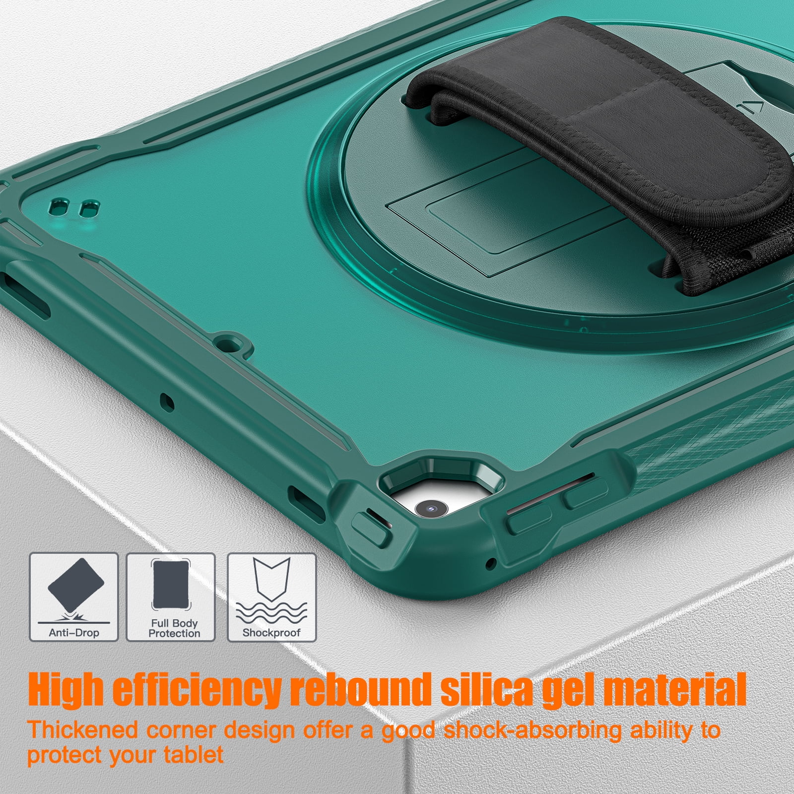 Dteck Case for iPad Air 2/iPad Pro 9.7"/iPad 5th/6th Generation,Military Grade Shockproof Silicone Protective Cover 360° Rotatable Stand- Shoulder Strap- Handle- Pencil Holder,Darkgreen