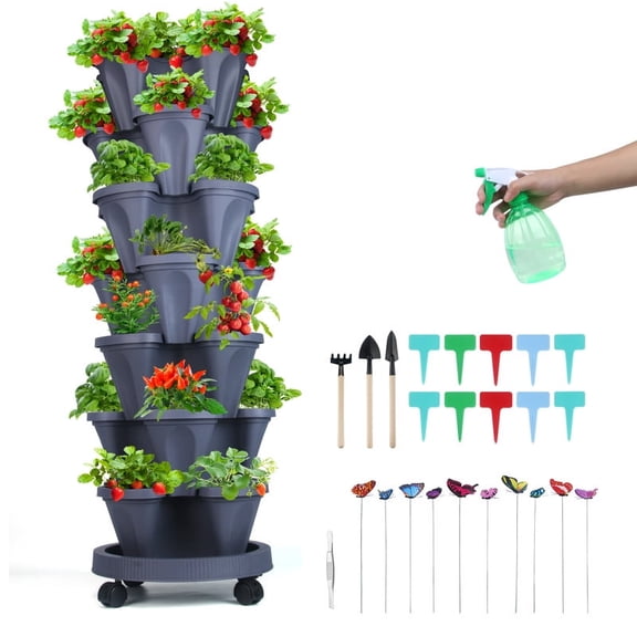 Strawberry Planter, 7 Tier Stackable Gaden Tower for Flowers, Vegetables, Grow Your Own Herb Garden Vertical Oasis of Vegetables and Succulents,Dark Gray
