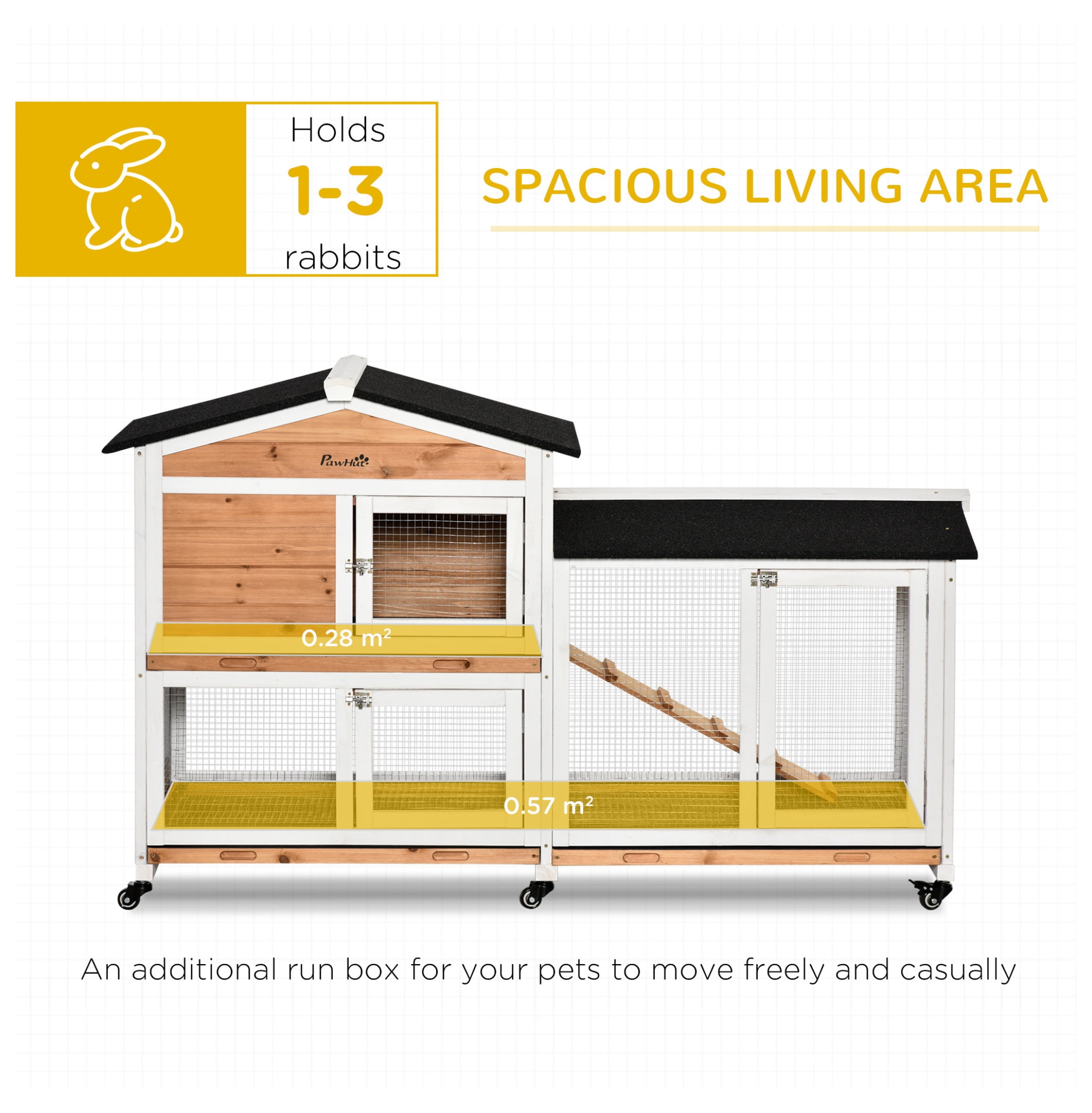 PawHut 62" Rabbit Hutch, Wooden Bunny Hutch, Guinea Pig Cage, Small Animal Enclosure with Wheels, Run Area, Removable Tray, Asphalt Roof, Lockable Doors and Ramp, Nature Wood