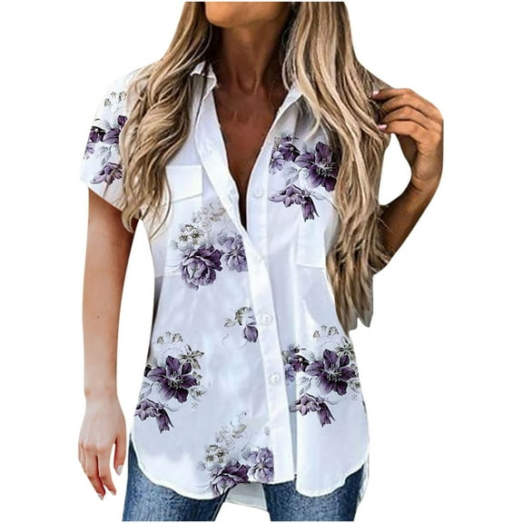 USSUMA Womens Summer Tops and Blouses Trendy Blouses & Button-Down Shirts Summer Short Sleeve Shirt Floral Print Dressy Tops Loose Collar Sexy T-Shirts 2022