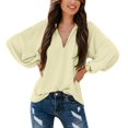 thumbnail image 1 of Blouse en Lin à Manches Longues Col en V Unie pour Femmes, 1 of 6