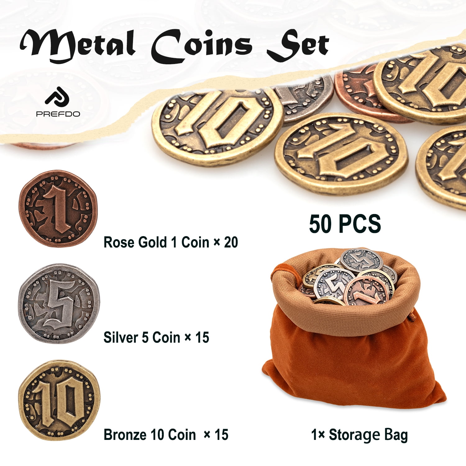 50PCS Metal Coins for Board Games, Prefdo Gold & Silver Tokens for Poker, RPG, Strategy Tabletop Gaming, Fantasy Metal Coins, Heavy Duty Generic Game Currency