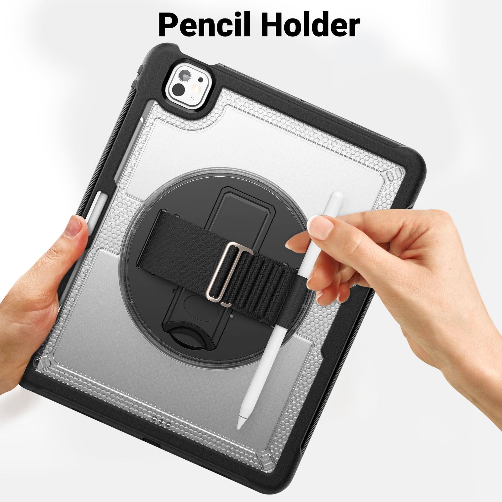 ELEHOLD Case for Apple iPad Pro 13 2024,Soft TPU Rugged Durable Case with 360° Rotating Hand Strap & Foldable Hidden Stand & Pencil Holder,Clear