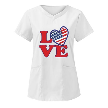 

Women Scrubs Top Independence Day Printed V Neck T Shirt Nurses Clothes With Pocket Spring Summer Daily Nursing Uniforms Nursing Care Working Uniforms