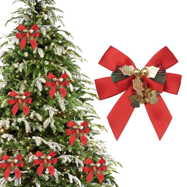 Decoración de lazo navideño - Colgante de moño navideño de poliéster para árbol y regalos - 8x7cm - blanco, tinto, vino, café, verde