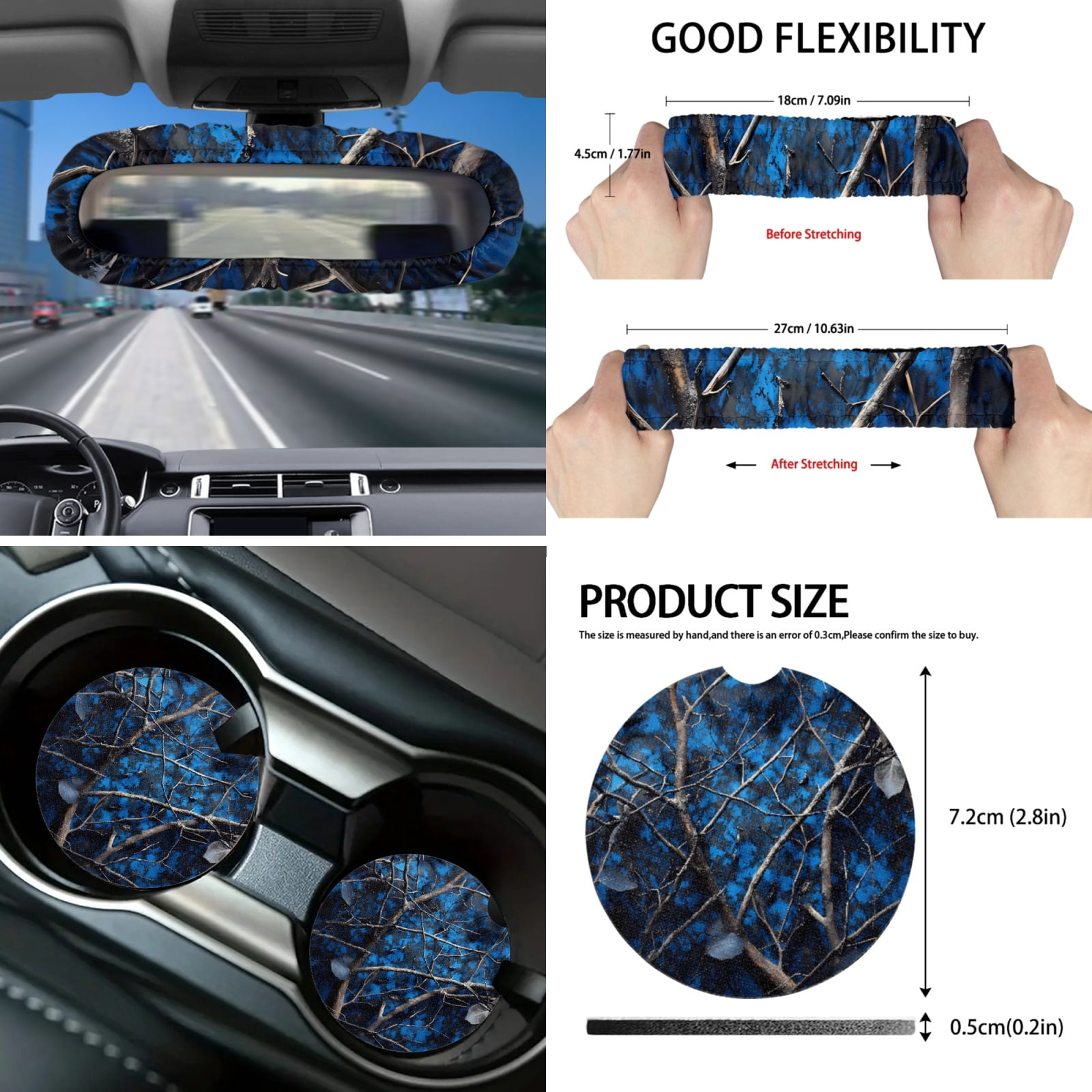 Yuyamidu Camo Hunting Car Seat Covers 16 PCS Blue Wood Steering Wheel Cover Seat Belt Pad Gear Shift Hand Brake Cover Rearview Mirror Cover Coasters Key Chain Sunshade Car Windshield Universal Fit