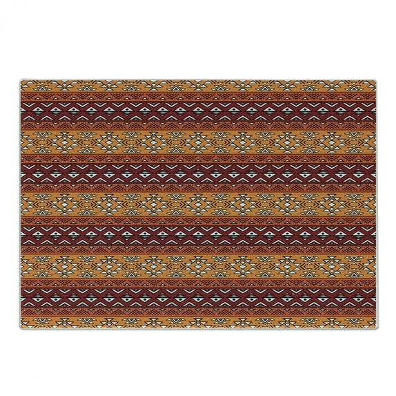 Tribal Cutting Board, Maya Inspired Horizontal Esoteric Latin Inspired Geometric Pattern Print, Decorative Tempered Glass Cutting and Serving Board, Small Size, Ruby Apricot, by Ambesonne