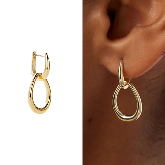 Faty-T Gold Earrings for Women Trendy 14K Gold Plated Double Hoop Dangle Earring Thin Minimalist Lightweight Dainty Drop Earrings Jewelry Gift for Her