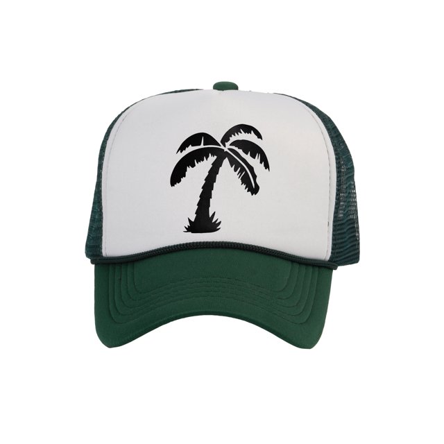 Men's Palm Tree Cap Snapback Trucker Hat, White/Forest Green