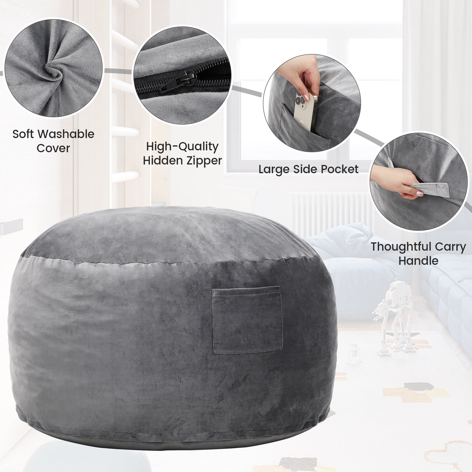 Melocadol 3.5ft Bean Bag Chair for Adults Kids, Premium Memory Foam, Washable Suede Fabric, Sturdy Zipper, Comfy Chair for Home, Den, Dorm, Light Gray