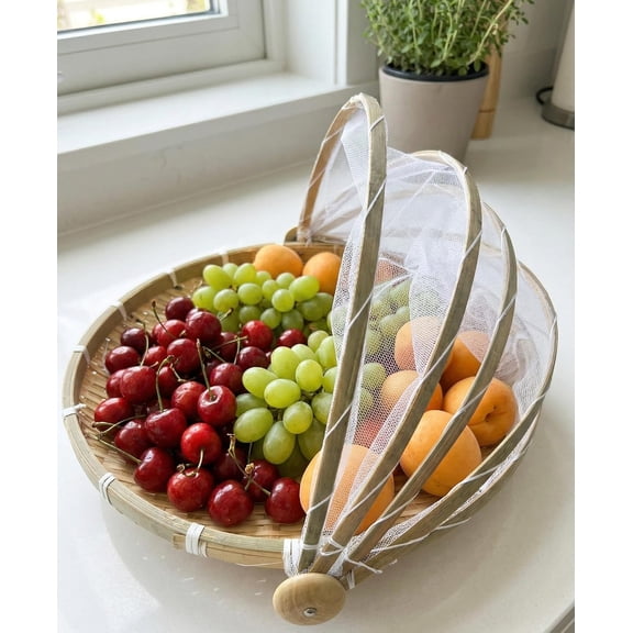 Bamboo Fruit Basket with Mesh Cover, Natural Woven Tray, Collapsible Food Storage