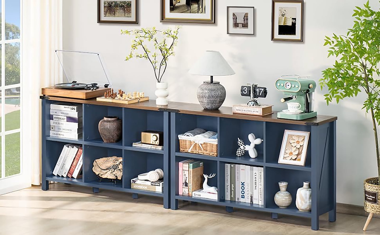 Joaxswe 6-Cube Storage Organizer, 3-Tier Farmhouse Bookshelf, Wood Display Bookcase for Living Room, Bedroom, Office, Navy Blue