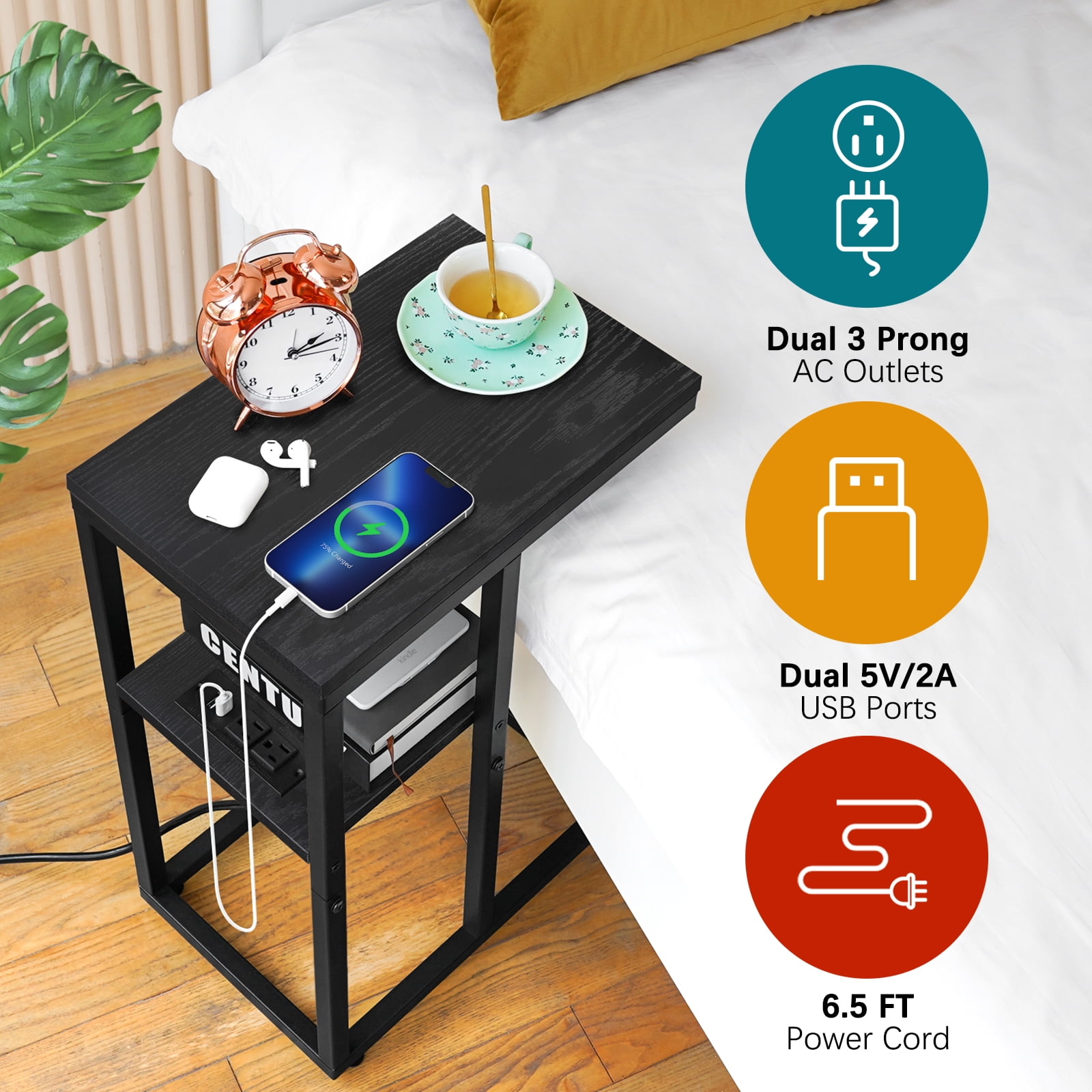 C Shaped End Table with Charging Station, Small Side Tables for Couch for Living Room, Bedroom, Black