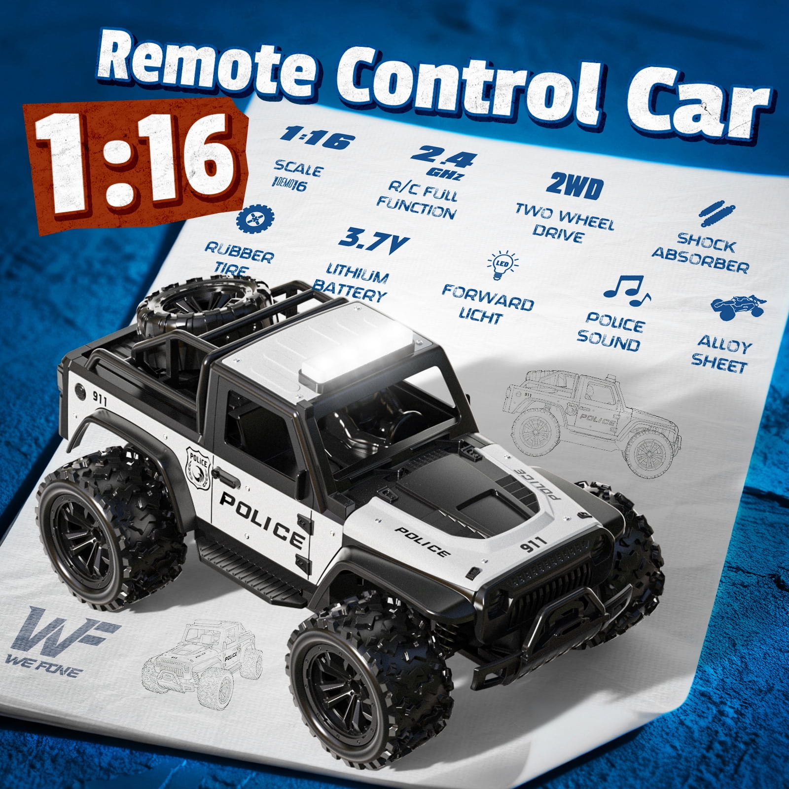WeFone 1:16 Remote Control Car, 2.4GHz 20KM/H Speed RC Truck with LED Headlight, Off-Road RC Truck, 2 Batteries, Outdoor Play, Best Gift for Kids