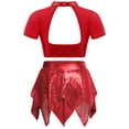 thumbnail image 2 of TTAO Kids Girls 2Pcs Sequins Dance Clothes Set Short Sleeve Crop Top with Irregular Hem Skirt Jazz Latin Cheer Dancewear Red 6, 2 of 3