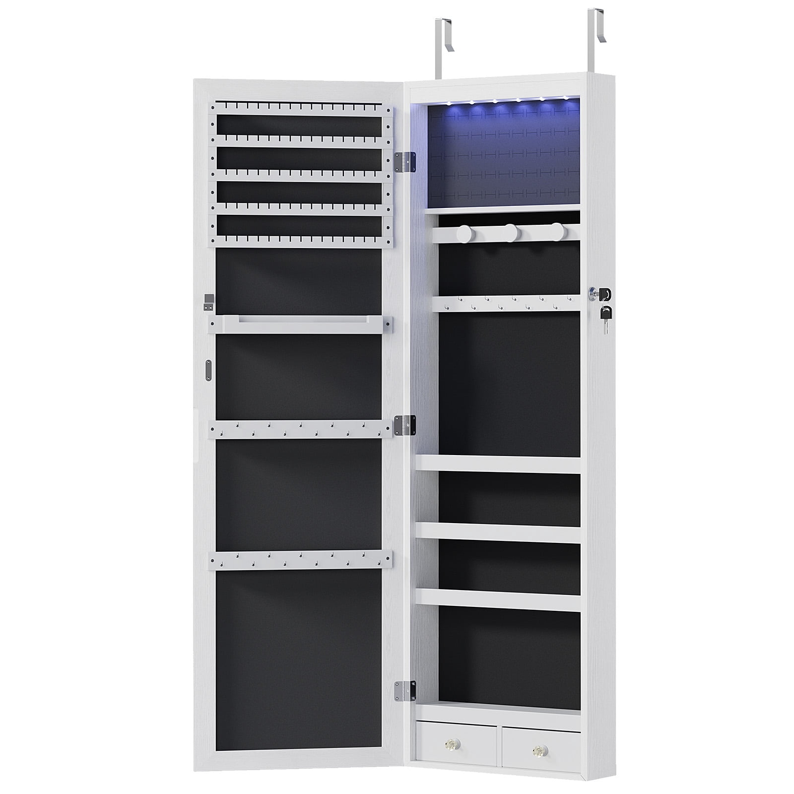 GIANNA Jewelry Cabinet With Lights, Lockable Jewelry Organizer Rotatable Full Length Mirror, Wall Mounted/Door Hanging, 47.2-Inch Tall, White