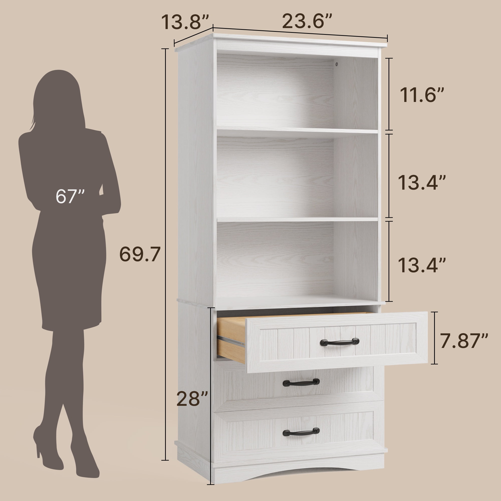 Asofer 69.7" Tall White Bookcase with 3 Drawers, Storage Cabinet for Office, Living Room, Bedroom