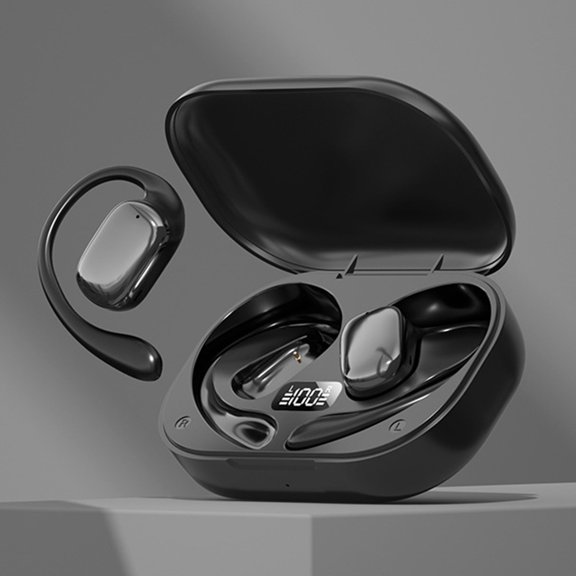 Kabnic Wireless Earbuds Open Ear Earhooks Headphones Bones Conduction Headphones Led Power Display Earphones Sport Bluetooth 5.4 Headphones, Black