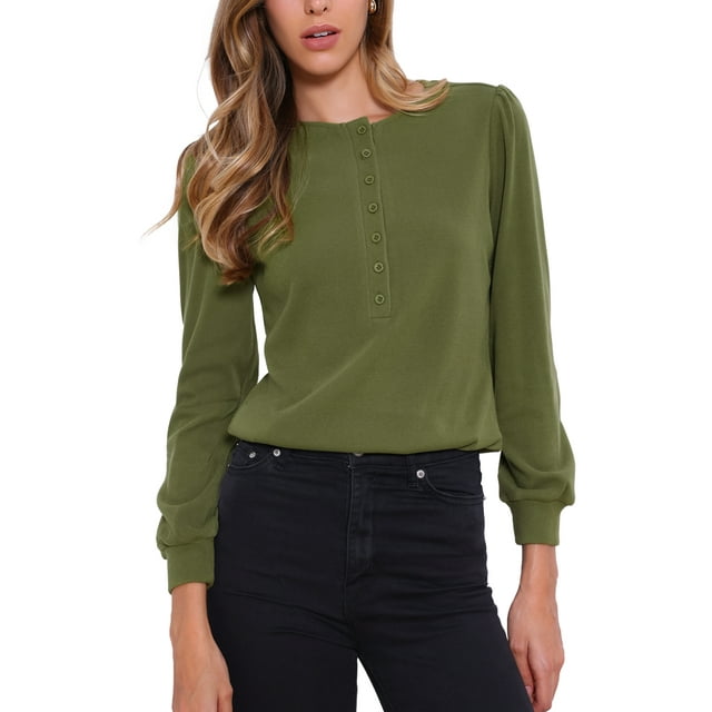 Camisas de punto acanalado de manga larga para mujeres, blusas casuales de botón, tops de cuello redondo, camisa Henley de moda XL verde