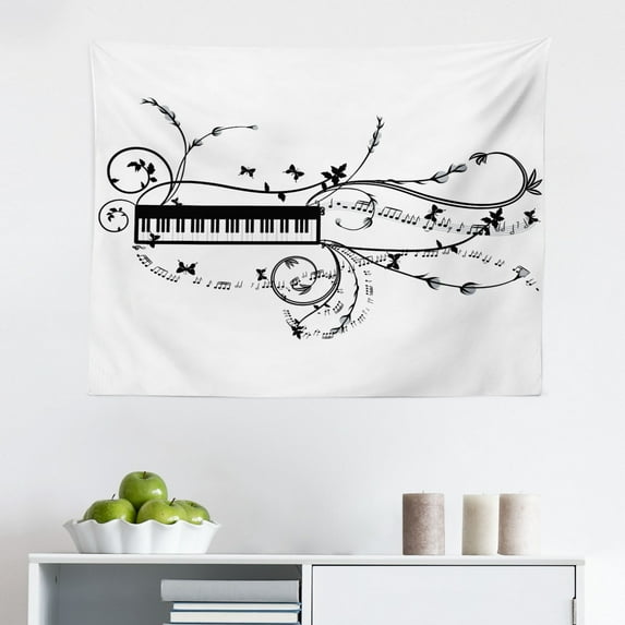Music Tapestry, Treble Clef Abstract Theme Motif Pattern on Plain Backdrop, Fabric Wall Hanging Decor for Bedroom Living Room Dorm, 2 Sizes, White Charcoal Grey, by Ambesonne