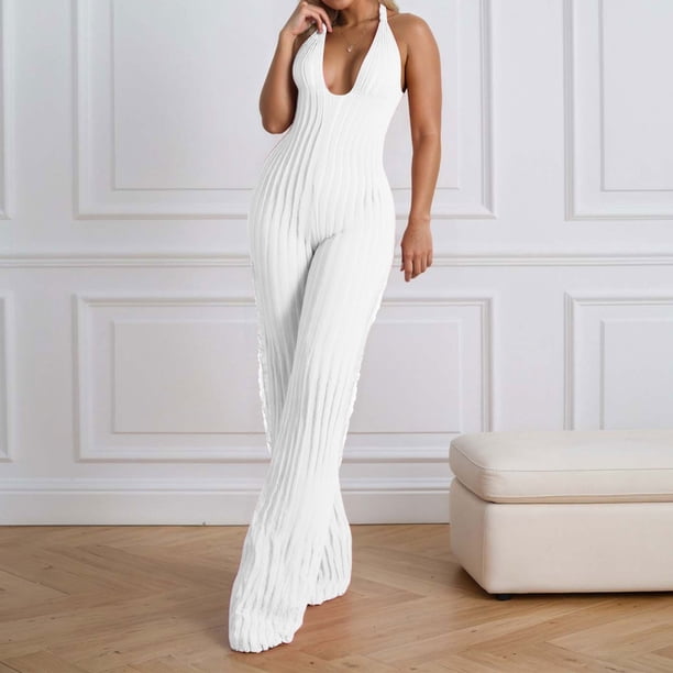 WILLBEST Mono Informal de Verano para Mujer, Mono Sexy con Escote En V, Plisado, Pierna Ancha, Largo, para Uso Diario, Trabajo y Fiestas. Extra Grande