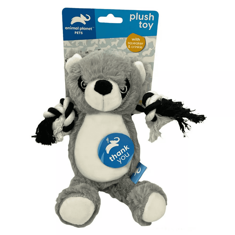 Animal Planet PETS Racoon Bear Squeaky Crinkle Plush Dog Toys with Rope Arms